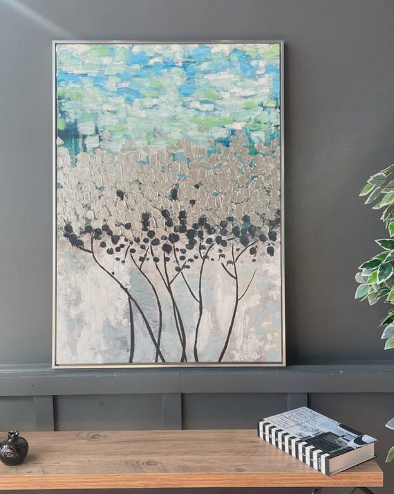 Textured Handmade Oil Paint Art Abstract Silver Dots with Blue Details 70x100cm Wall Art, Home decor, Luxury decor, living room