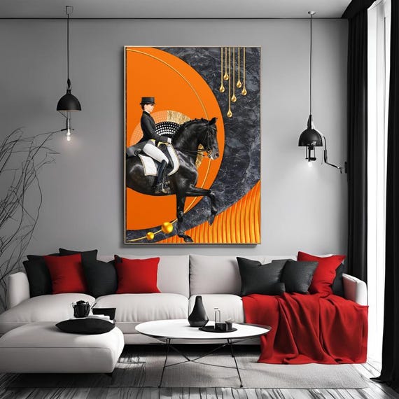 Modern Orange Horse , Shiny Abstract Details Canvas, Framed Canvas Gold Wall Art Print, American Style Ready To Hang