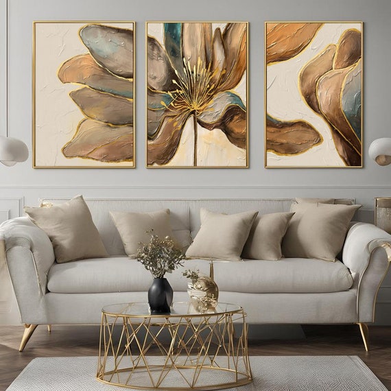 Set of 3 Canvas, Brush Stroke Flower Gold Detail Canvas Wall Art Poster Print,Nordic Scandinavian Ready To Hang