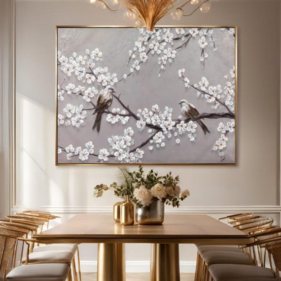 Textured Handmade Oil Paint Art Spring Flowers and Birds, White Floral, 70x100cm Wall Art, Home decor, Luxury decor, living room