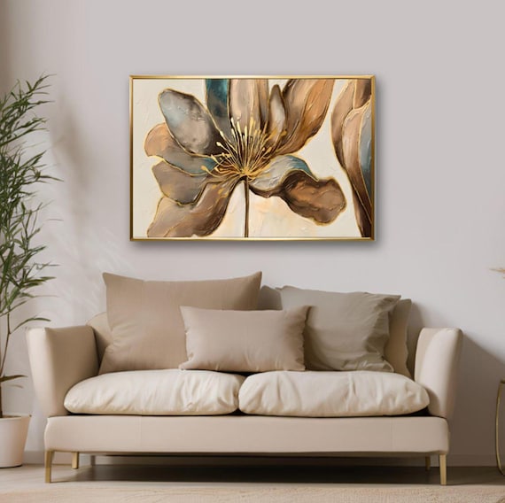 Brown Tones Soft Floral Wall Art Abstract, Framed Canvas Wall Art Print, Nordic Scandinavian Ready To Hang,B&W Decor