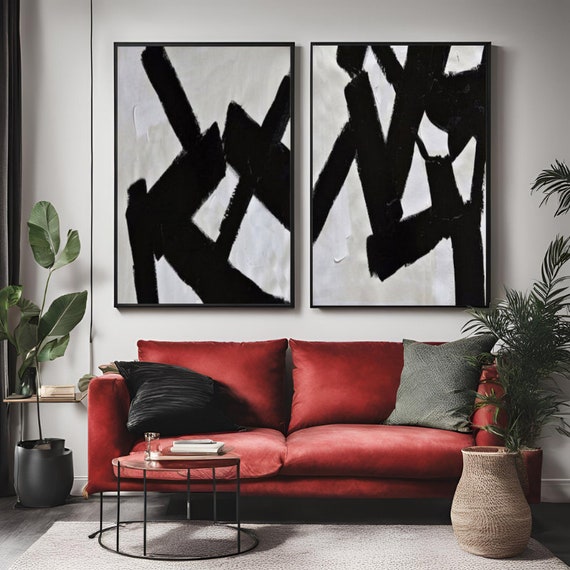 Set of 2 Canvas, Abstract Black Brush Strokes Canvas Wall Art Poster Print,Nordic Scandinavian Ready To Hang