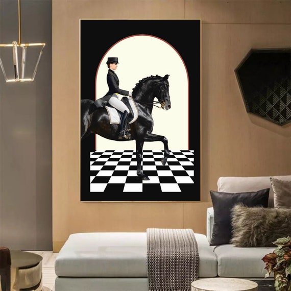 Horse Rider Woman Black and Cream White Abstract, Framed Canvas Wall Art Print, American Style Ready To Hang