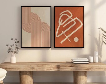 Set of 2 Canvas, Abstract orange color rainbow line Poster Minimalist canvas Paintings Boho wall art paintings Ready To Hang