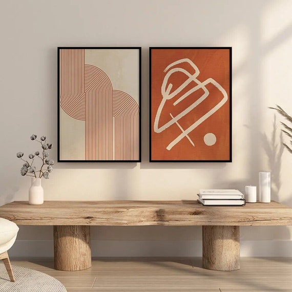 Set of 2 Canvas, Abstract orange color rainbow line Poster Minimalist canvas Paintings Boho wall art paintings Ready To Hang