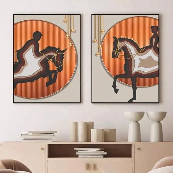 Royal Horse Wall Art, Framed Canvas Painting, Orange Horse Wall Art,  Gold Set of 2 Print, Gold Detail Print Set