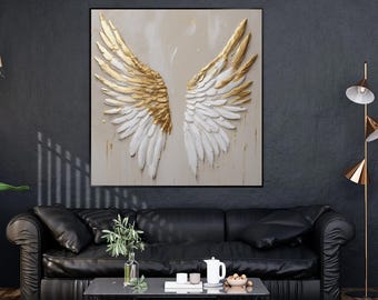 Textured Handmade Oil Paint Art Gold Angel Wing 90x90cm Wall Art Gold and White Painting, Living Room wall art Modern Home decor, Canvas Art