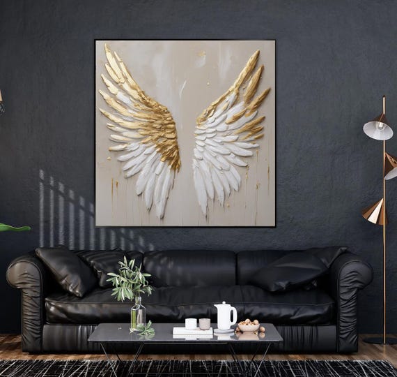 Textured Handmade Oil Paint Art Gold Angel Wing 90x90cm Wall Art Gold and White Painting, Living Room wall art Modern Home decor, Canvas Art