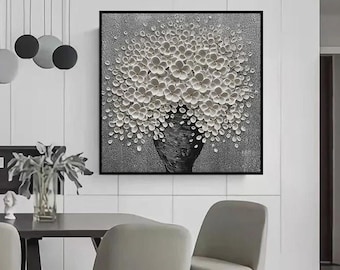 Textured Handmade Oil Paint Art White Flowers in a Vase 90x90cm Wall Art Flower Painting,Modern Home decor, Living Room, Canvas Art