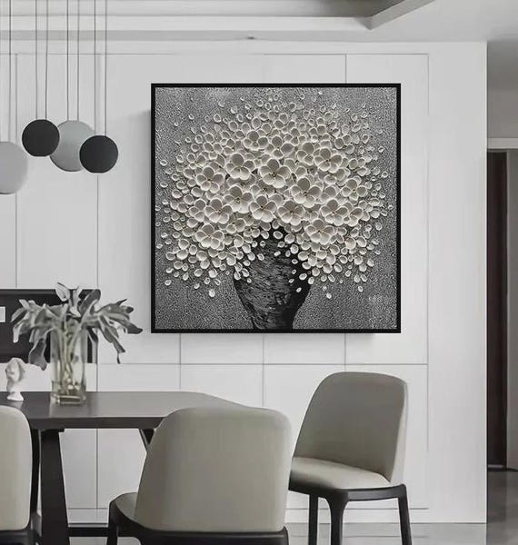 Textured Handmade Oil Paint Art White Flowers in a Vase 90x90cm Wall Art Flower Painting,Modern Home decor, Living Room, Canvas Art