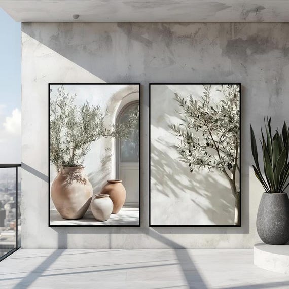 Set of 2 Canvas, Boho Olive Tree Green and Beige Modern Canvas Wall Art Poster Print,Nordic Scandinavian Ready To Hang