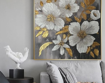 Textured Handmade Oil Paint Art Gold and Cream Flower 90x90cm Wall Art Floral Painting,Modern Home decor, Living Room, Canvas Art