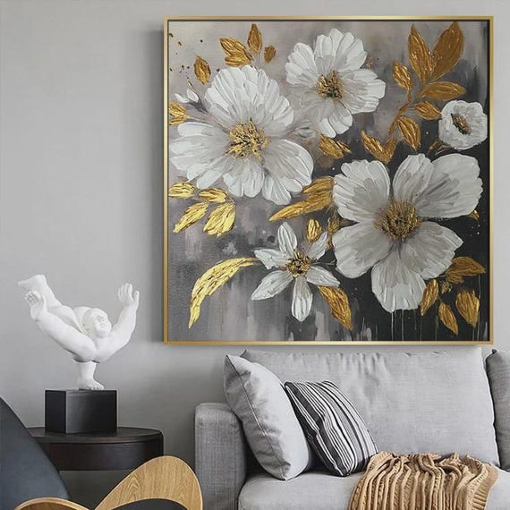 Textured Handmade Oil Paint Art Gold and Cream Flower 90x90cm Wall Art Floral Painting,Modern Home decor, Living Room, Canvas Art