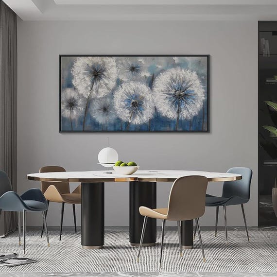 Textured Handmade Oil Paint Artwhite Dandelion 70x120cm Wall Art Painting, Blue and White Home decor, Luxury decor,Living Room, Canvas Art