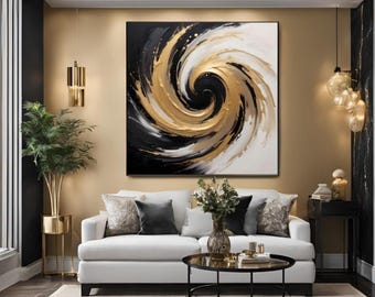 Golden Twist Canvas Print Black White Abstract modern wall art Optical İllusion art Large Canvas Art Ready to Hang Canvas