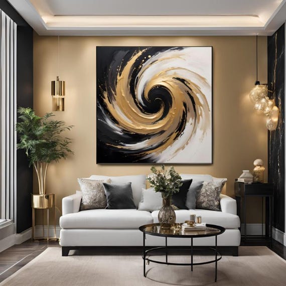 Golden Twist Canvas Print Black White Abstract modern wall art Optical İllusion art Large Canvas Art Ready to Hang Canvas