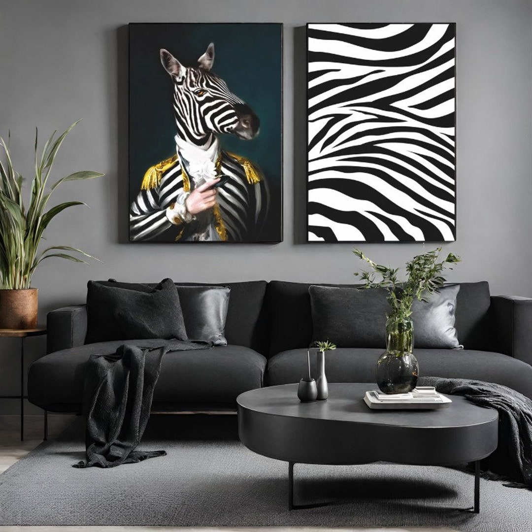 Set of 2 Framed Royal Formal Zebra, Modern Black Art Living Room Wall ...