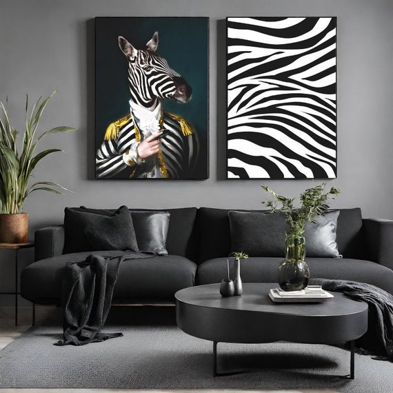 Set of 2 Framed Royal Formal Zebra, Modern Black Art Living Room Wall Art, Gold Decor Ready To Hang