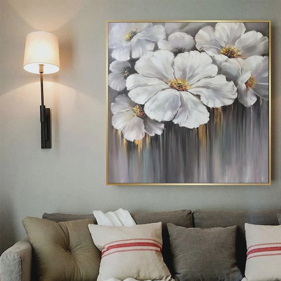 Textured Handmade Oil Paint Art Modern White Flowers  90x90cm Wall Art Gold and White Painting,Living Room, Modern Home decor, Canvas Art