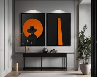 Set of 2 Canvas, Mysterious Woman Orange Canvas Wall Art Poster Print,Nordic Scandinavian Ready To Hang Aluminium Framed