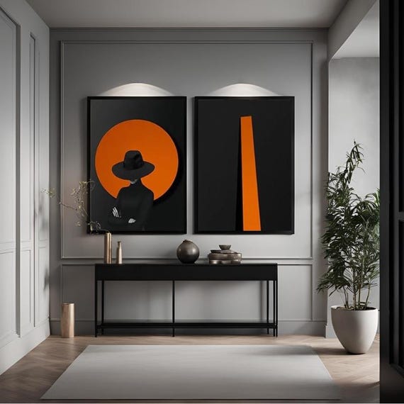 Set of 2 Canvas, Mysterious Woman Orange Canvas Wall Art Poster Print,Nordic Scandinavian Ready To Hang Aluminium Framed