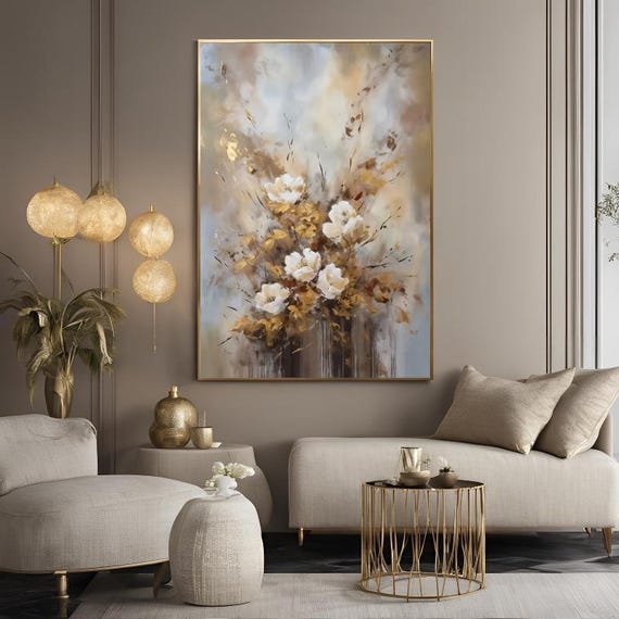 Textured Handmade Oil Paint Art Abstract Flower Bouquet, Gold and Cream Floral  70x100cm Wall Art, Home decor, Luxury decor, living room