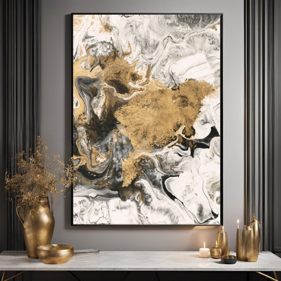Gold and Black Modern Blurry Wall Art Gold Epoxy Effect Canvas Painting Modern Canvas Wall Art Large Living Room Painting