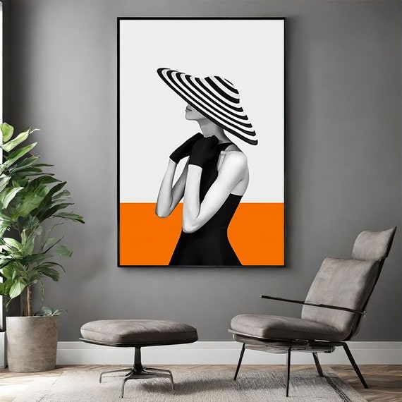 Mysterious Woman Orange and Black White Abstract, Woman with Hat Framed Canvas Wall Art Print, American Style Ready To Hang