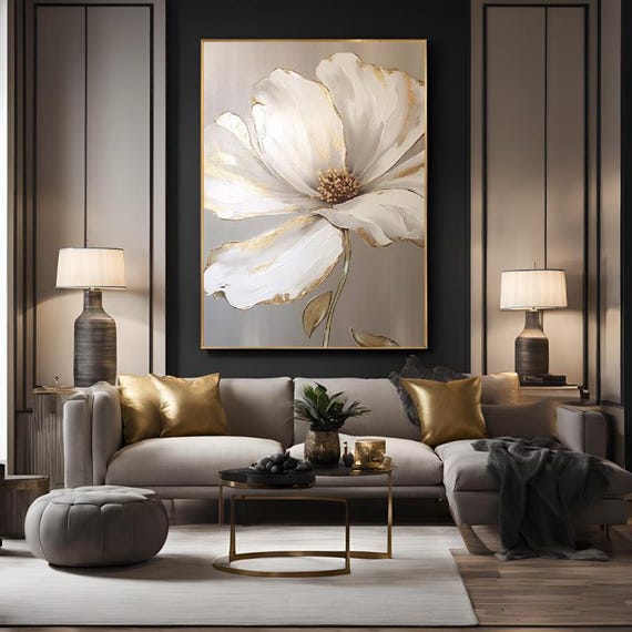Textured Handmade Oil Paint Art Cream Minimal Flower with Gold Detailed Foil 70x100cm Wall Art, Home decor, Luxury decor, living room