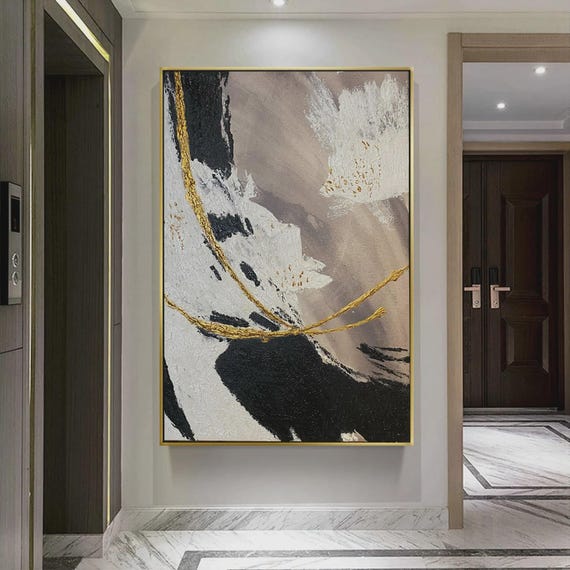 Textured Handmade Oil Paint Art Abstract Black and White with Gold Lines 70x100cm Wall Art, Home decor, Luxury decor, living room