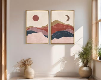 Set of 2 Canvas, Pastel Bohemian Sun and Moon Poster Modern Canvas Paintings Boho wall art paintings Ready To Hang