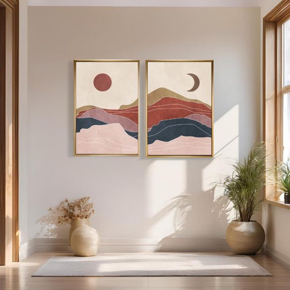 Set of 2 Canvas, Pastel Bohemian Sun and Moon Poster Modern Canvas Paintings Boho wall art paintings Ready To Hang