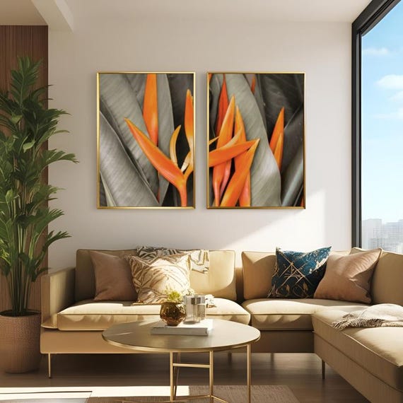 Orange Strelitzia Reginae Plant Wall Art, Green and Orange Detail Modern, Posters And Prints Wall Art Canvas Painting, Wedding Gift