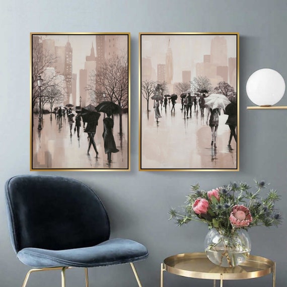 Set of 2 Paint Canvas, Abstract Human silhouette Wall Art Set of 2, Rainy Day Wall Art, Abstract Print Set, Living Room Decor