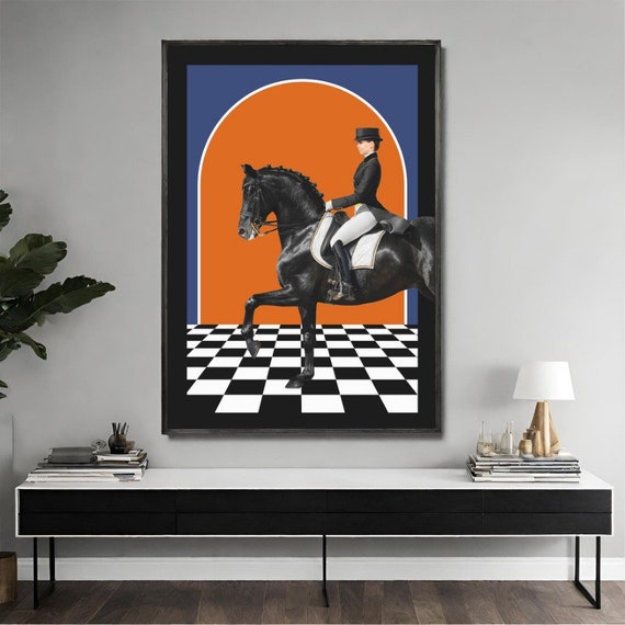 Horse Rider Woman Blue and Black White Abstract, Framed Canvas Wall Art Print, American Style Ready To Hang