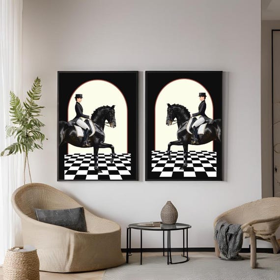 Set of 2 Canvas, Minimalistic Royal Horses Black and White Abstract Canvas Wall Art Poster Print,Nordic Scandinavian Ready To Hang