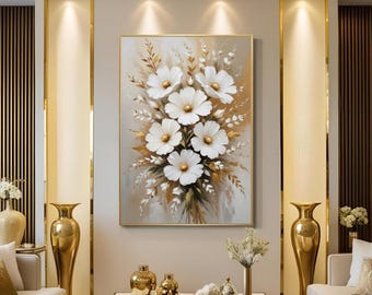 Textured Handmade Oil Paint Art Abstract Gold and White Floral Art 70x100cm Wall Art, Flower Home decor, Luxury decor, living room,Painting