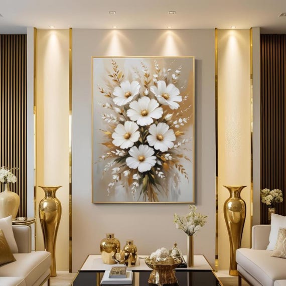 Textured Handmade Oil Paint Art Abstract Gold and White Floral Art 70x100cm Wall Art, Flower Home decor, Luxury decor, living room,Painting
