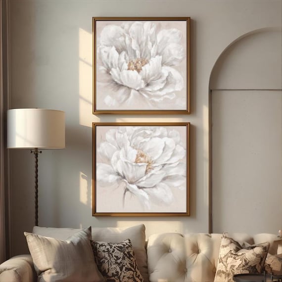 Set of 2 Canvas, Modern Beige & Cream Flowers, White Floral Canvas Wall Art Poster Print,Nordic Scandinavian Ready To Hang