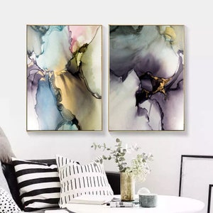 Framed Canvas Print Wall Art Set of 2 Alcohol Ink details, Abstract Illustration Modern Art Neutral Minimalist Decor, Home Decor Gift