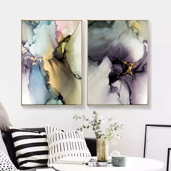 Framed Canvas Print Wall Art Set of 2 Alcohol Ink details, Abstract Illustration Modern Art Neutral Minimalist Decor, Home Decor Gift