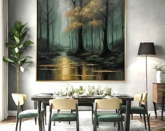 Green Forest Framed Canvas Painting - Contemporary Gold Artwork, Fog Forest Wall Art