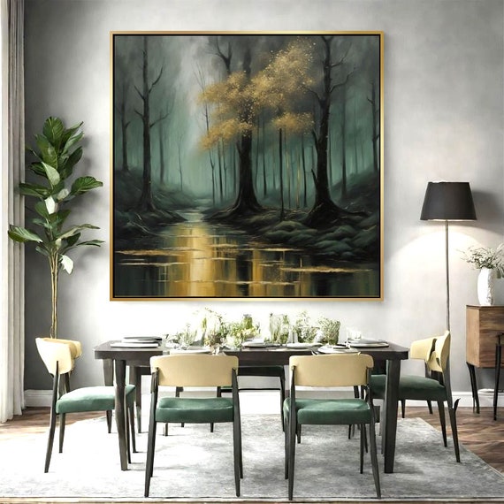 Green Forest Framed Canvas Painting - Contemporary Gold Artwork, Fog Forest Wall Art