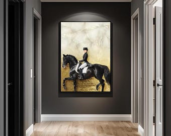 Black Horse Canvas Wall Art, Gold Detail Animal Wall Art, Black and White Decor, canvas print ready to hang