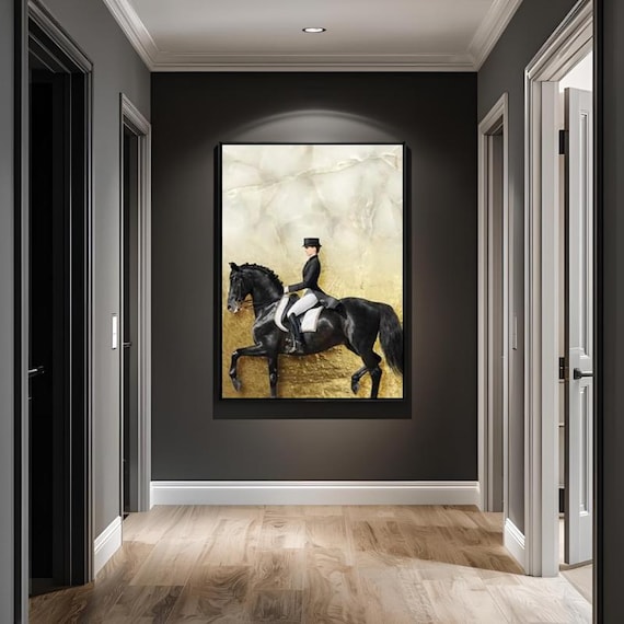 Black Horse Canvas Wall Art, Gold Detail Animal Wall Art, Black and White Decor, canvas print ready to hang