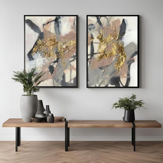 Set of 2 Framed Gold Detail Abstract , Brush Strokes Art Living Room Wall Art, Gold Decor Ready To Hang