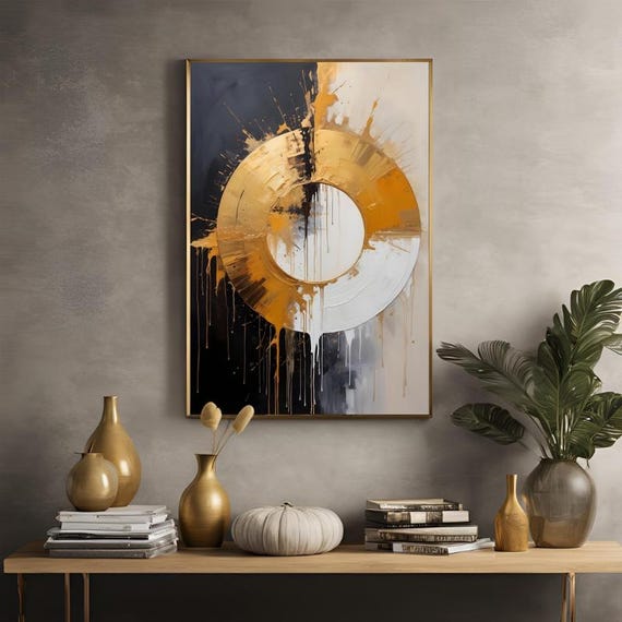 Gold Splash Black & Gold Abstract, White Flow Detail Canvas Framed Canvas Wall Art Print, American Style Ready To Hang