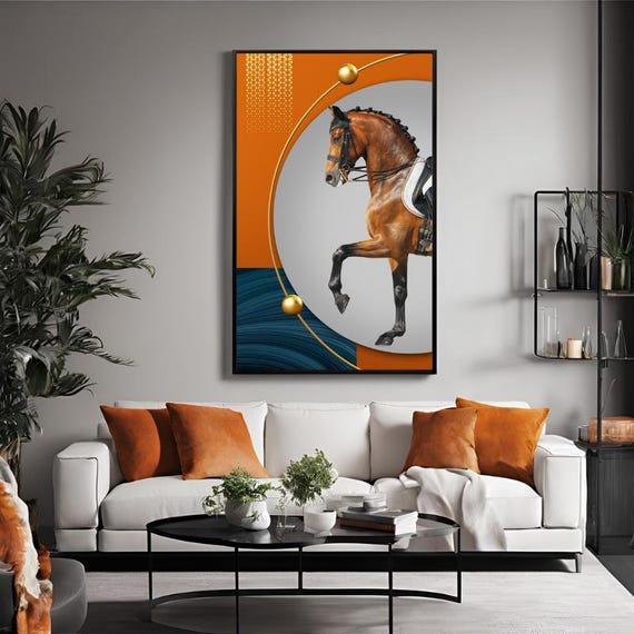 Classy Brown Horse, Orange and Blue Modern Abstract Canvas, Framed Canvas Wall Art Print, American Style Ready To Hang