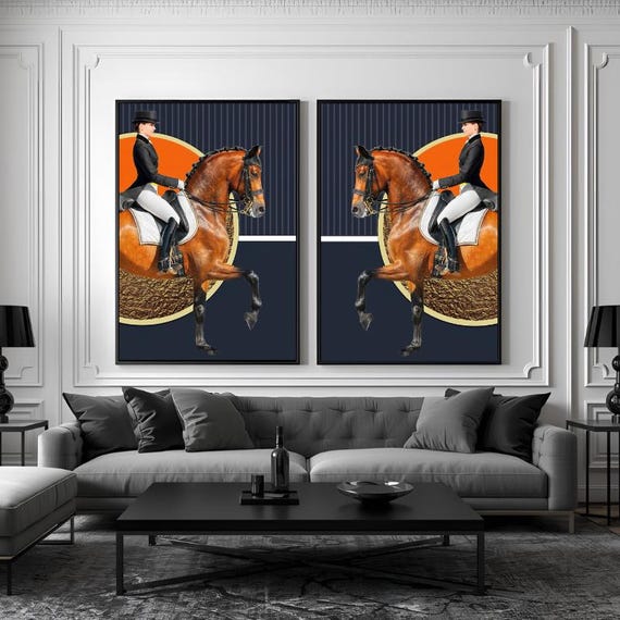 Set of 2 Canvas, Modern Royal Horses Navy Blue and Orange Abstract Canvas Wall Art Poster Print,Nordic Scandinavian Ready To Hang