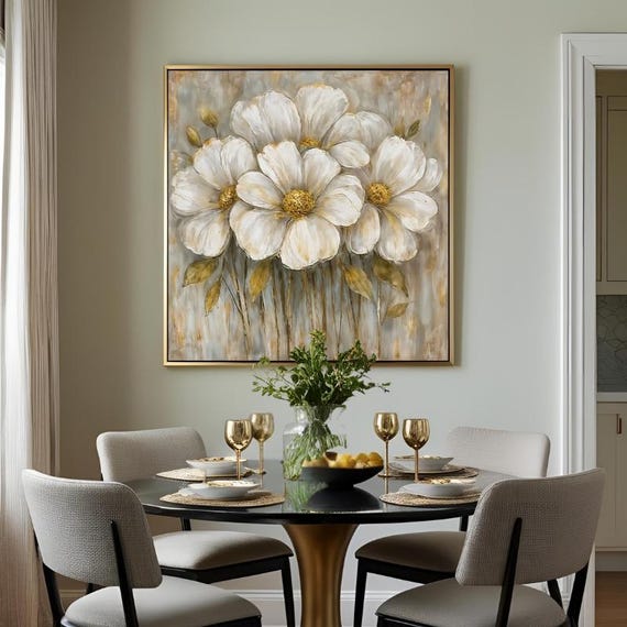 Textured Handmade Oil Paint Art Cream and Gold Floral Art 90x90cm Wall Art Flower Painting, Home decor, Luxury decor,Living Room, Canvas Art